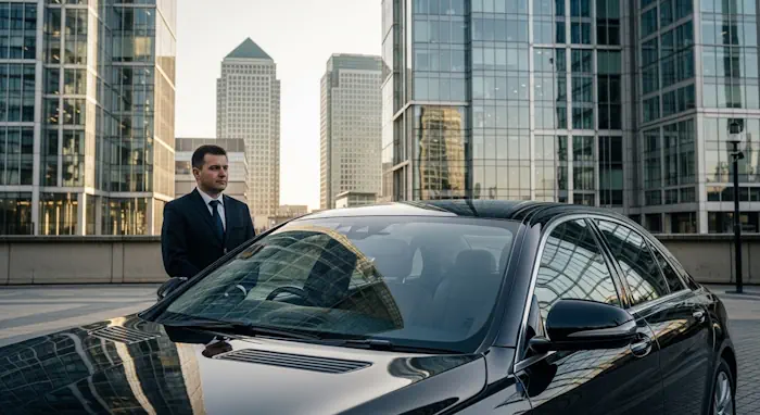 A premium executive car parked in front of a modern glass office tower in London's financial hub, with a professional driver prepared for a corporate transfer.