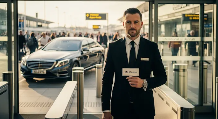 Professional chauffeur waiting at the airport arrivals terminal with a name sign, luxury sedan in background.