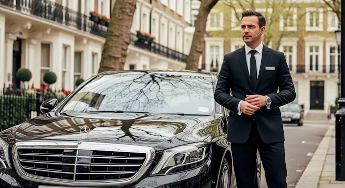 A professional chauffeur waiting discreetly by a luxury black sedan on a quiet London street during an hourly hire service.