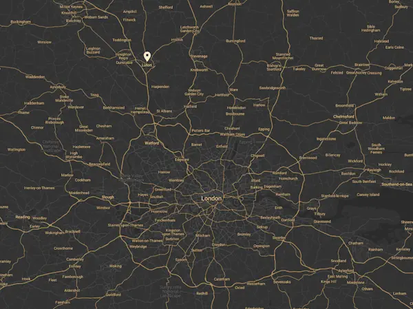 Executive car service coverage map showcasing our primary routes between London Luton Airport (LTN) and key destinations in Central London like Mayfair, Westminster, and the City.