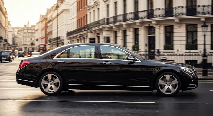 A premium black Mercedes S-Class driving through the streets of central London, providing a professional executive chauffeur service.