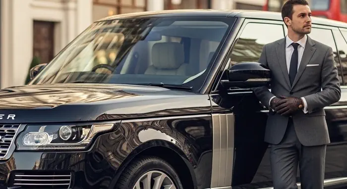 A luxury black Range Rover and chauffeur waiting on a prestigious Mayfair street, illustrating hourly chauffeur hire services in London.