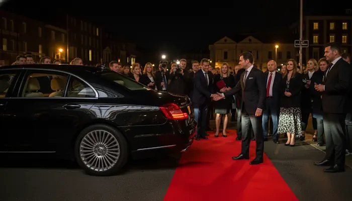 Candid night photography through a Mayfair window of a luxury chauffeur vehicle strategically positioned for a seamless red carpet arrival coordination.