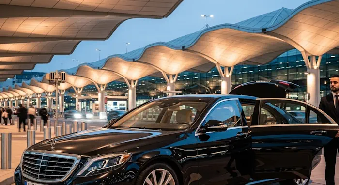 A luxury black chauffeur-driven sedan parked at the departures entrance of Heathrow Airport Terminal 5, professional driver waiting.