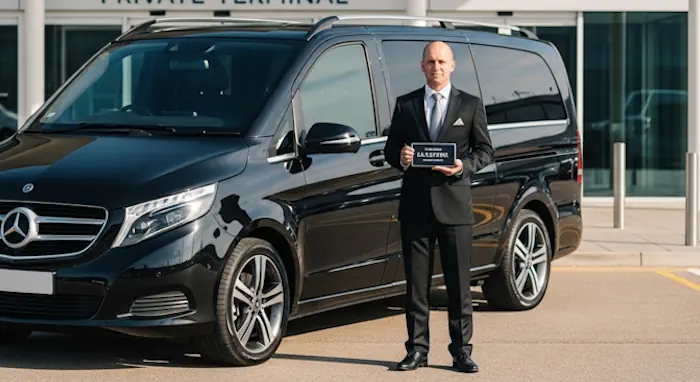 A premium black chauffeur-driven van parked outside a private terminal at Luton Airport.