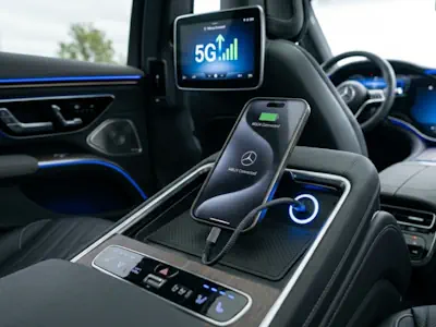 High-speed Wi-Fi and USB charging ports in a Mercedes EQS Luxury Chauffeur vehicle for business travelers.