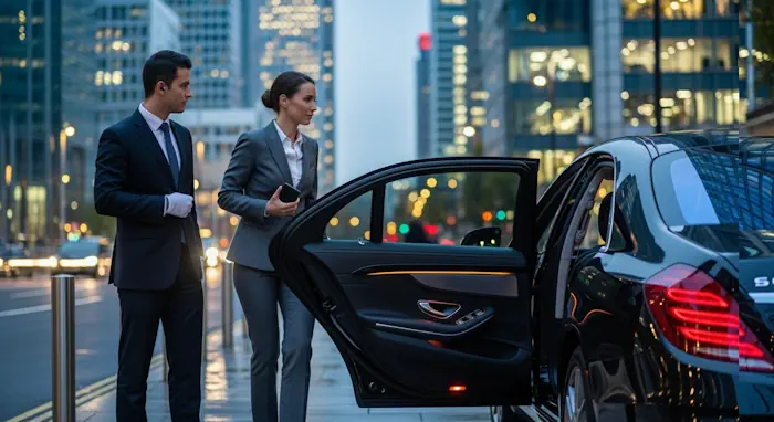 Candid photograph of a professional woman exiting a London office at dusk to find her personal chauffeur waiting with the door of a black Mercedes S-Class open.