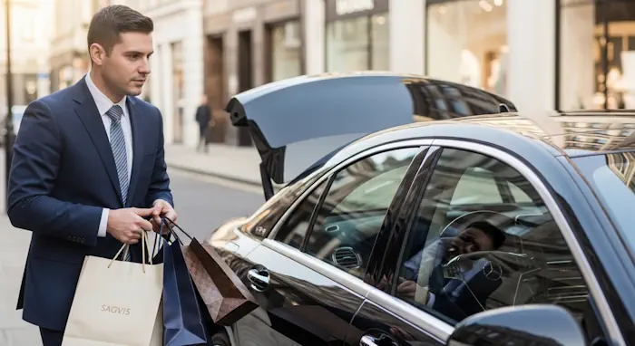 A professional driver holding designer shopping bags while standing next to a luxury car in a high-end London shopping district.