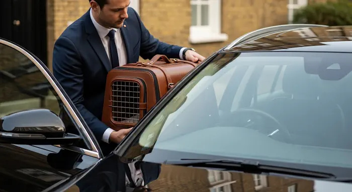 A dedicated pet chauffeur loading a high-end travel carrier with a small dog into a luxury vehicle, ensuring safe and comfortable transport.
