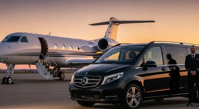 Luxury chauffeur vehicles waiting on a private airfield next to a private jet at sunset for a tarmac transfer.