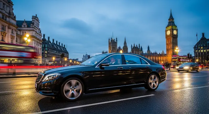 luxury black Mercedes-Benz S-Class, chauffeur-driven through central London at dusk.