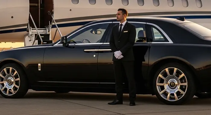 A luxury chauffeur vehicle waiting on the tarmac next to a private jet at Farnborough Airport.