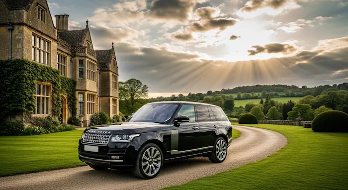 A high-end SUV waiting at a scenic countryside estate, ready for a bespoke day of discovery and luxury exploration.