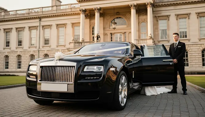 Luxury Rolls-Royce Wedding Chauffeur car parked outside a grand London venue