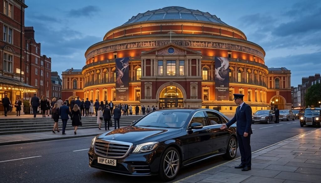 Luxury Mercedes S-Class provided by our concert chauffeur London service, parked outside the Royal Albert Hall ahead of a live music performance.