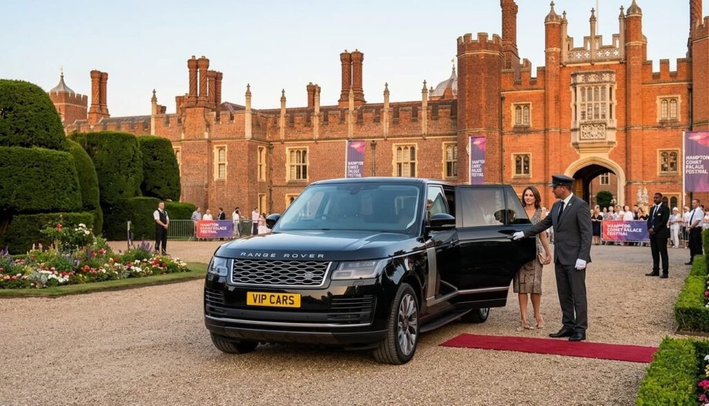 Professional Hampton Court Palace Festival chauffeur opening a Range Rover door for a guest arriving at the festival entrance in KT8 East Molesey.