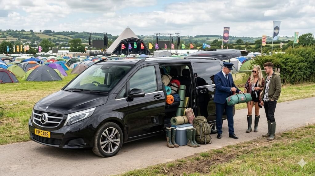 luxury mercedes v class provided by our London to Glastonbury chauffeur service, loaded with festival kit for the Worthy Farm transfer in Somerset