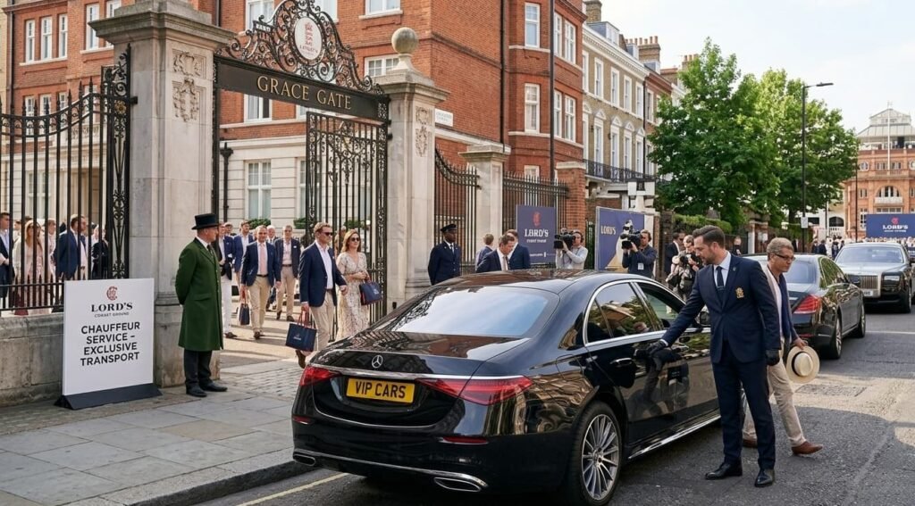 Luxury Mercedes S-Class provided by our Lord's Cricket Ground chauffeur, parked near the Grace Gate in St John's Wood on a Test match morning.