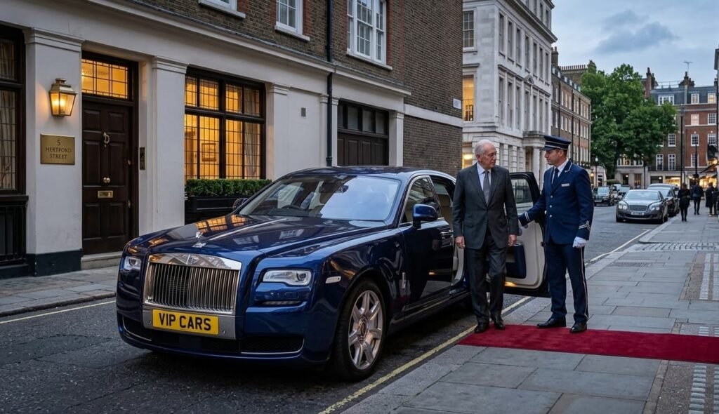 Luxury Mercedes S-Class provided by our private members club chauffeur London service, parked on Berkeley Square outside Annabel's at midnight.