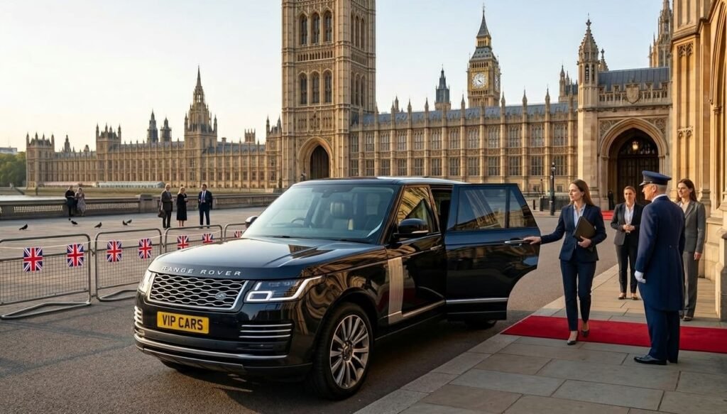 Professional State Opening of Parliament chauffeur opening a Range Rover door for a peer arriving at the Palace of Westminster in SW1A.