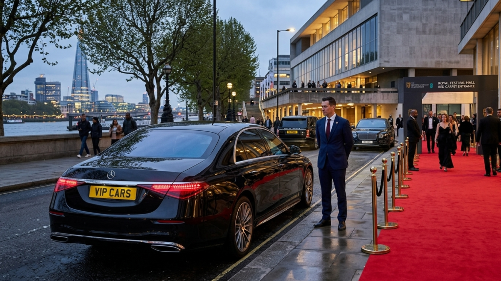 Luxury Mercedes S-Class provided by our BAFTA Awards chauffeur London service, parked near the Royal Festival Hall red carpet on the South Bank.