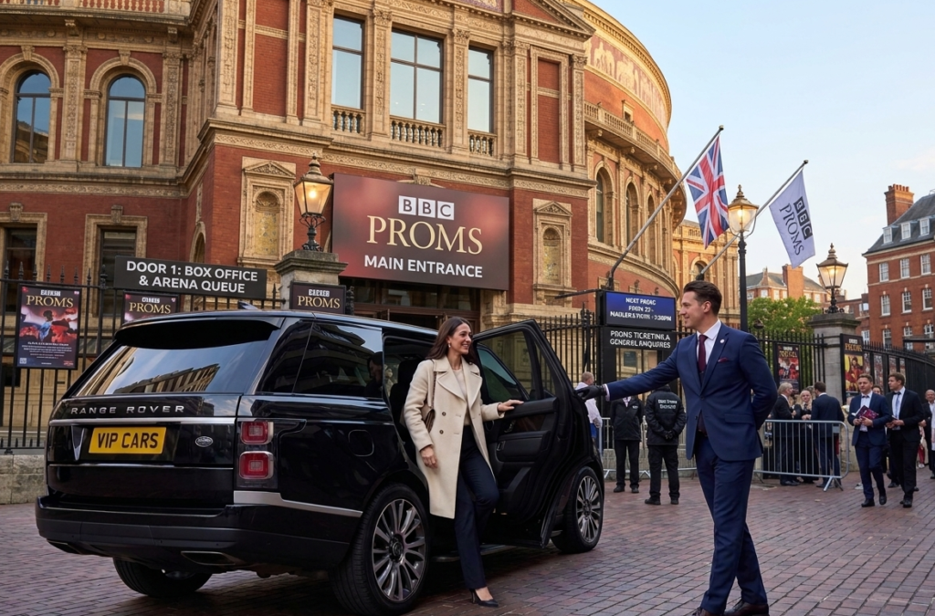 Professional BBC Proms chauffeur London opening a Range Rover door for a guest arriving at Kensington Gore ahead of the Last Night of the Proms.