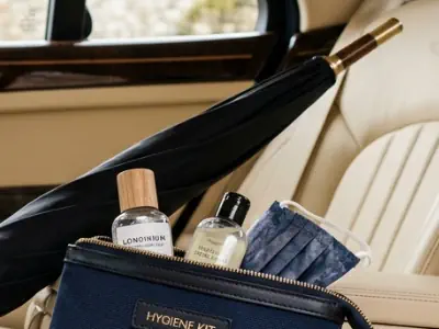 Personal care kit and umbrella for guest use in a Bentley Mulsanne chauffeur service.