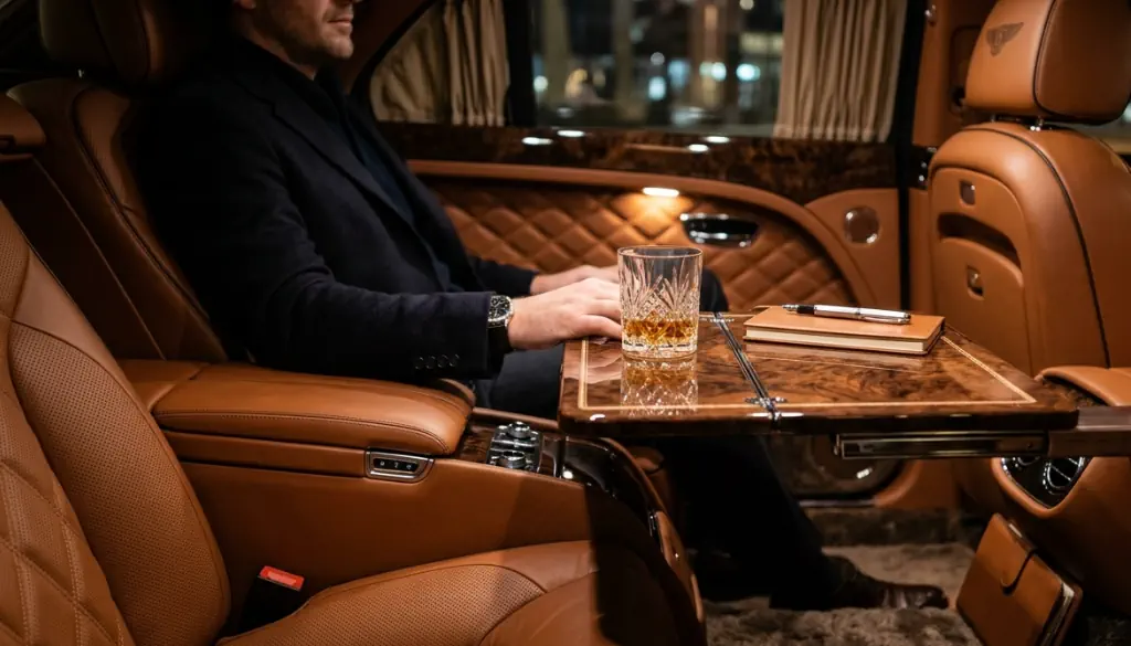 The handcrafted luxury interior of a Bentley Mulsanne chauffeur service car.