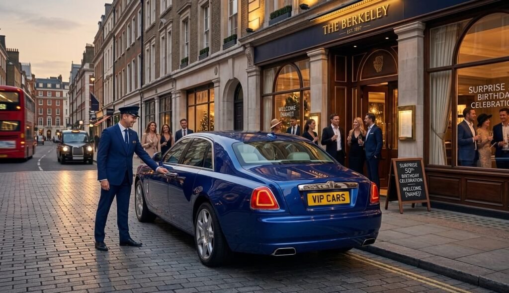 Luxury Rolls-Royce Ghost provided by our birthday chauffeur hire London service, parked outside a Mayfair restaurant for a surprise 50th birthday celebration.
