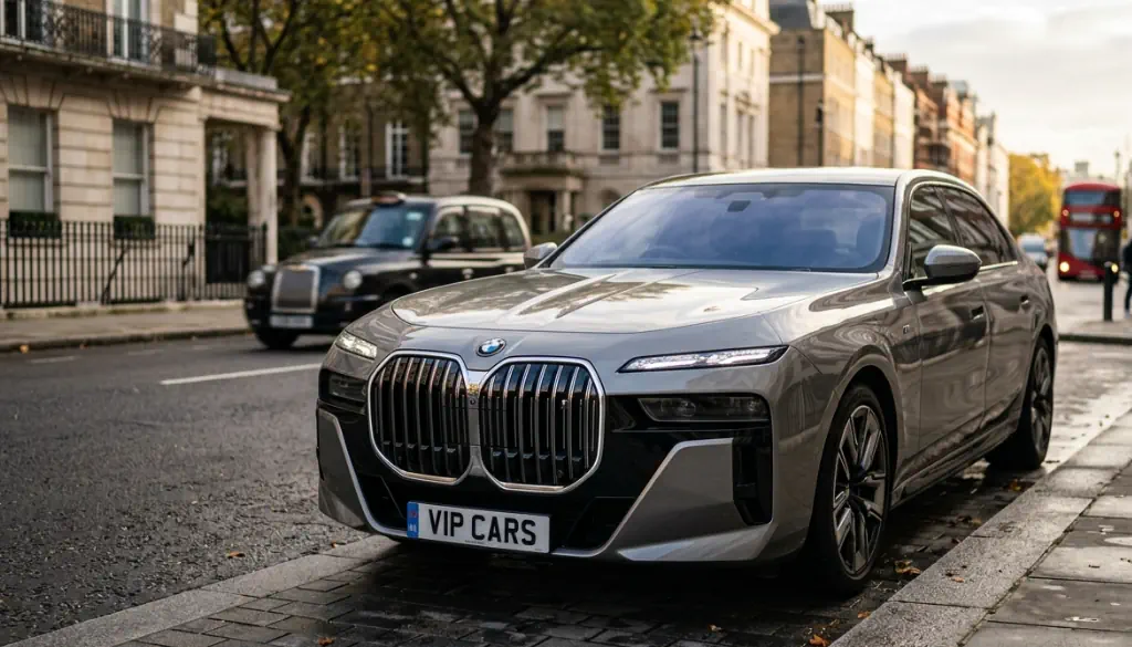 A professional BMW i7 vehicle waiting for a client on a city street.