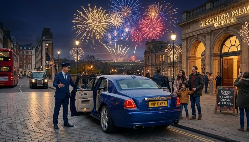 Professional Bonfire Night chauffeur London opening a Range Rover door for a family arriving at the Alexandra Palace fireworks display.