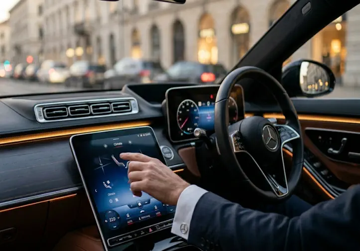 Detail shot of a professional chauffeur personalizing the luxury car interior settings for a client.