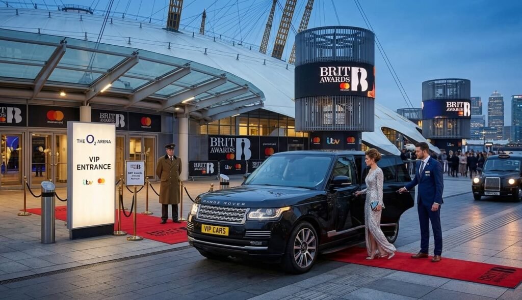 Professional BRIT Awards chauffeur London opening a Range Rover door for a guest arriving at the O2 Arena VIP entrance in North Greenwich.