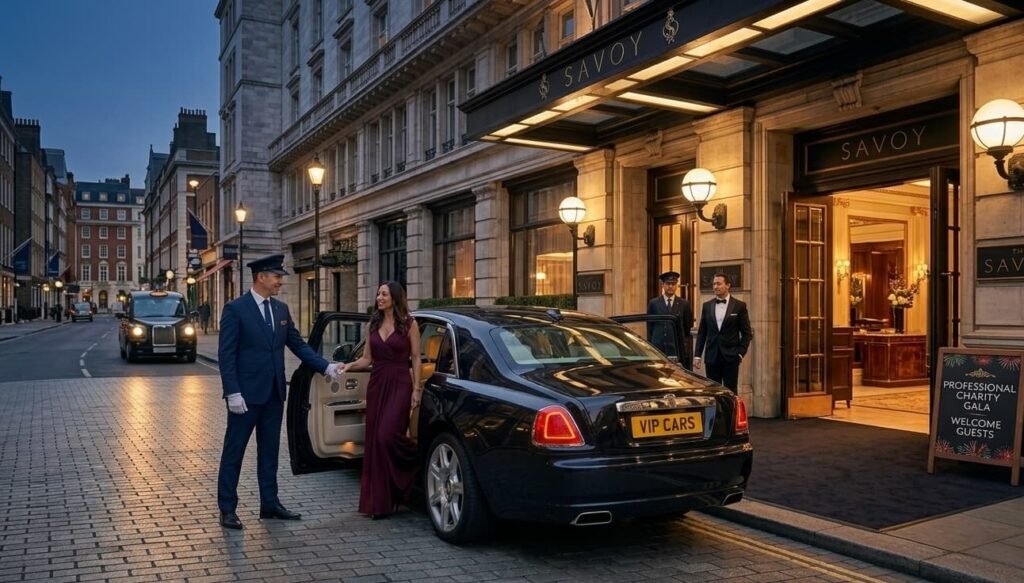 Professional charity gala chauffeur London opening a Rolls-Royce Ghost door for a guest arriving at The Savoy in evening dress for a black tie gala.