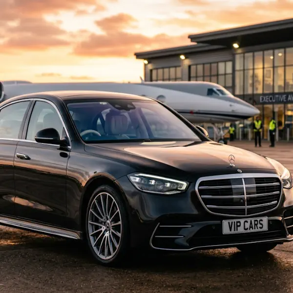 Luxury chauffeur car parked at London private jet terminal for airport transfers