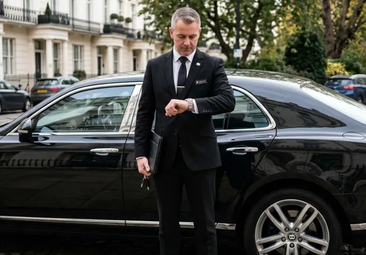 Professional chauffeur in a suit waiting by a luxury vehicle, illustrating the service grace period policy.