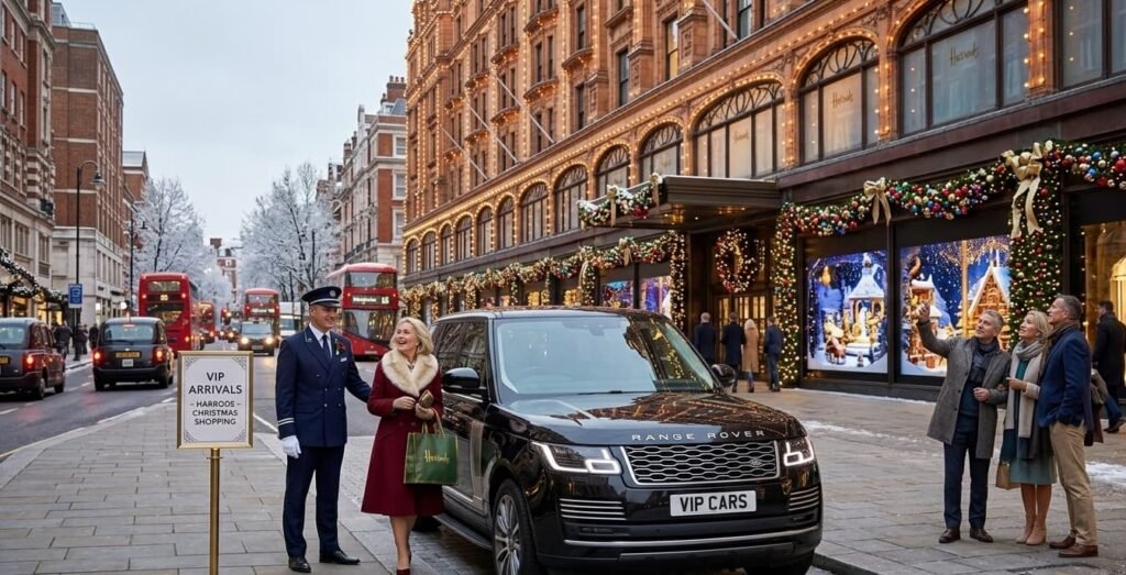 Professional Christmas chauffeur hire London opening a Range Rover door for a guest arriving at Harrods for Christmas shopping in Knightsbridge.