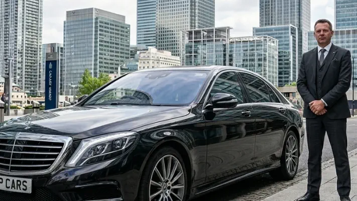Luxury chauffeur-driven car in London Financial District with professional driver awaiting executive passengers.