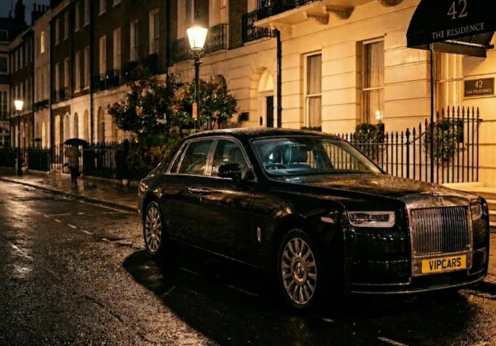 A black luxury car with VIPCARS plates parked outside a London residence