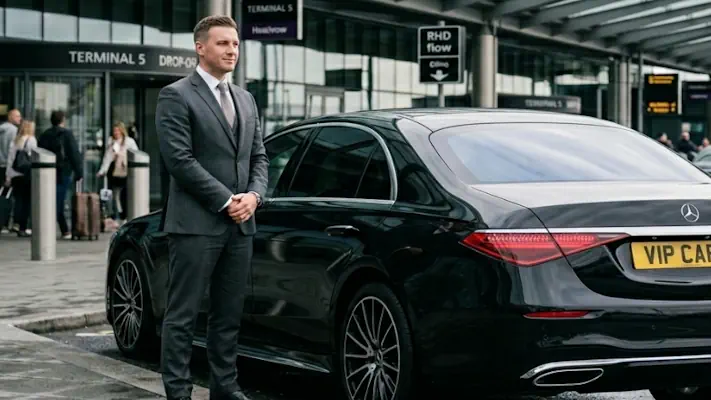 Professional chauffeur in suit standing by a black Mercedes S-Class at London Heathrow terminal arrival.
