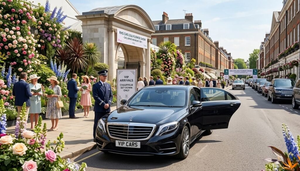 Luxury Mercedes S-Class provided by our Chelsea Flower Show chauffeur, parked at Royal Hospital Road in SW3 on RHS Chelsea members' day.