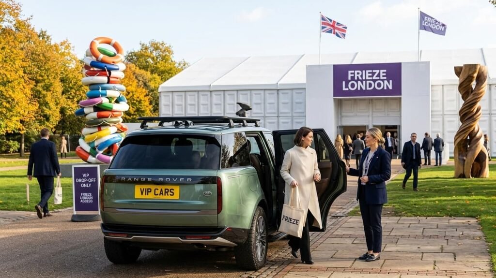 Professional Frieze London chauffeur opening a Range Rover door for an art collector arriving at the Frieze Masters entrance in NW1.