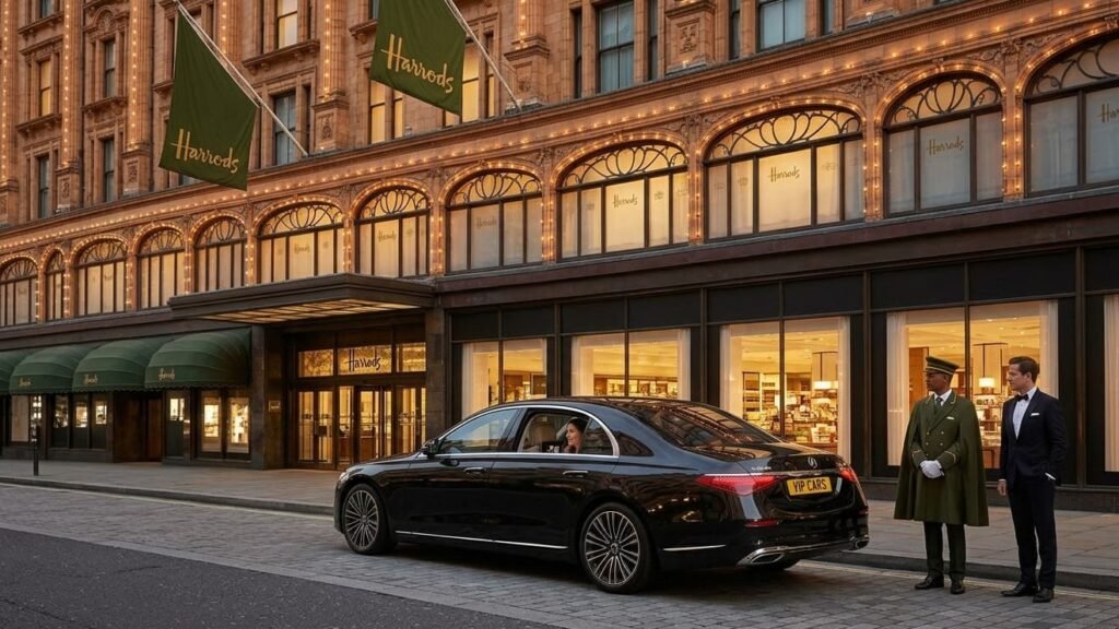 Luxury Mercedes S-Class provided by our Harrods chauffeur service London, parked at the Brompton Road main entrance in Knightsbridge.