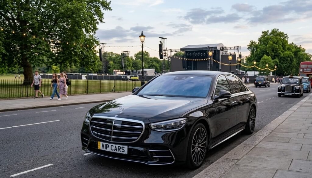 Luxury Mercedes S-Class provided by our Hyde Park concert chauffeur service, parked at Bayswater Road ahead of a BST Hyde Park summer concert.