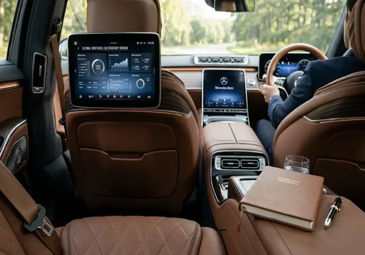 The interior of a luxury car cabin featuring advanced digital integration for business travelers.