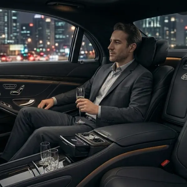 interior of a chauffeur car, featuring ambient lighting and executive leather seating for VIP transfers in London.