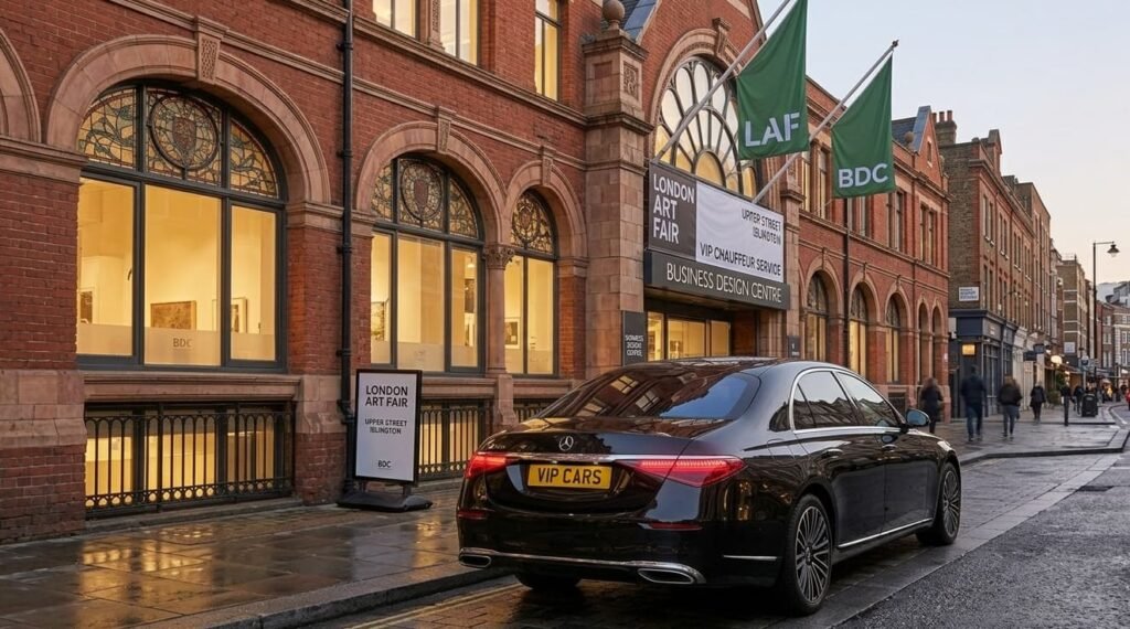 uxury Mercedes S-Class provided by our London Art Fair chauffeur service, parked outside the Business Design Centre on Upper Street in Islington.