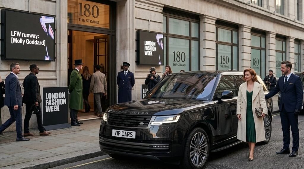 Professional London Fashion Week chauffeur opening a Range Rover door for a guest arriving at 180 The Strand for a runway show.