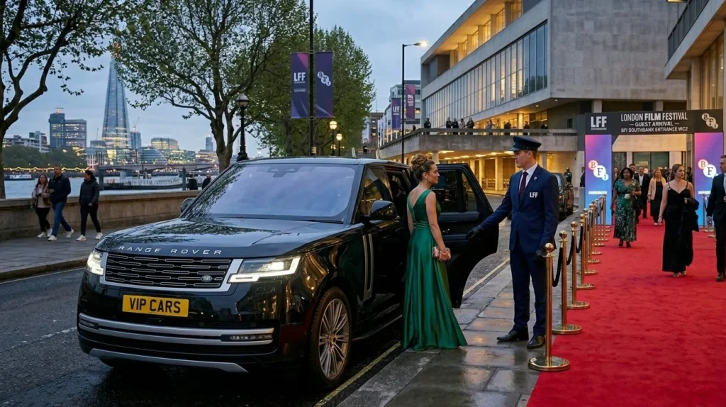 Professional London Film Festival chauffeur opening a Range Rover door for a guest arriving at the BFI Southbank entrance in WC2.