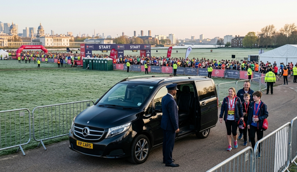 Professional London Marathon chauffeur opening a Mercedes V-Class door for a runner's family arriving at the Greenwich Blackheath starting area.
